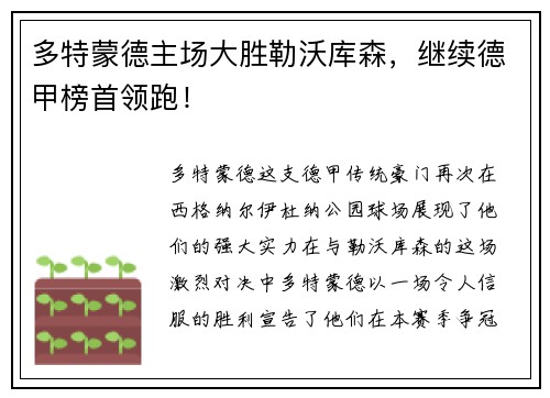 多特蒙德主场大胜勒沃库森，继续德甲榜首领跑！